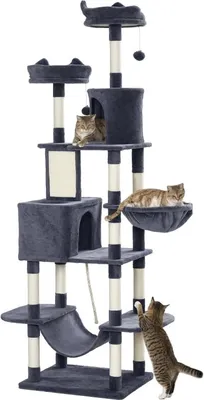 Produktbild von Kratzbaum 206 cm Katzenturm mit Höhle, 2 Spielballen, Sisalstämme, Plattform für große Katzen, Dunkelgrau
