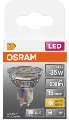 Produktbild von Osram 4099854458484, 2,4 W, 35 W, GU10, 230 lm, 15000 h, Warmweiß