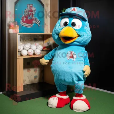 Produktbild von Türkisfarbenes REDBROKOLY Huhn-Parmesan Maskottchen Kostüm gekleidet mit einem Baseball-T-Shirt und Anstecknadeln