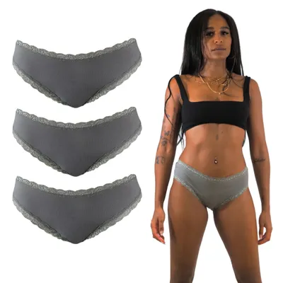 Produktbild von Benonetti Brazilian Damen Slips mit zarter Spitze – sinnlich, weich & bequem (3er Set, Grau, M)