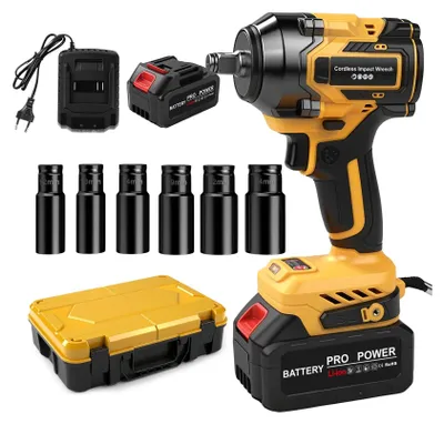 Image de visseuse à choc sans fil 650Nm - Moteur sans balais, 5 positions de couple, 2 batteries 4.0Ah, chargeur rapide 1.5A, éclairage LED, 6 douilles (1/2 pouce) incluses