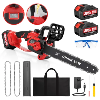 Produktbild von Akku-Kettensäge 12 Zoll,2x4000mAh Akku, Bürstenloser Motor, Schnellladegerät, 2xErsatzketten, Schutzbrille & Aufbewahrungstasche