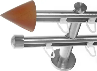 Produktbild von BASIT® Innenlauf Gardinenstange Edelstahl Look 16mm Wandträger 2-läufig modern Spitze Holz H80 E51 E17