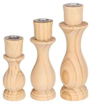 Produktbild von Kerzenhalter für Stabkerzen | 3er Set aus Holz | Natur | mit Metalleinsatz | 12, 15 und 18 cm hoch | 3 Stück | für Stabkerzen mit 2,2 cm Durchmesser