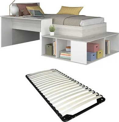 Produktbild von Etagenbett 90 x 200 cm mit Kommode und Schreibtisch - Natur und weiß + Rahmen - RIGALI