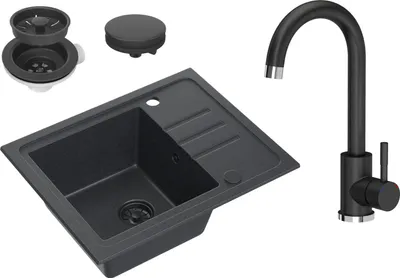 A black granite sink with a faucet and drain accessories is displayed against a white background.