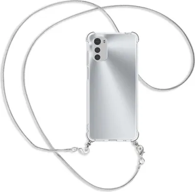 Produktbild von Handykette Backcover-Schutzhülle mit Band (Metall silberfarben) für Motorola Moto E32, Moto E32s - silberfarbene Snake-Kette