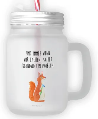 Produktbild von Mr. & Mrs. Panda Glas Mit Henkel Eichhörnchen Blume - Transparent - Geschenk, Lachen, Spruch Positiv, Spaß, Motivation Sprüche, Eiskaffee, Mason Jar, Trinkglas, Eichhorn