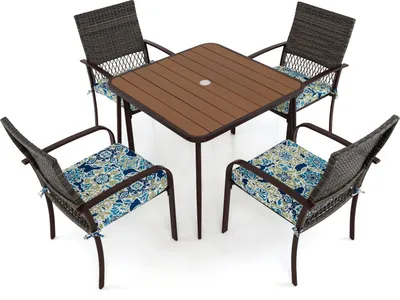 Image de COSTWAY Ensemble de meubles de jardin en poly rotin pour 4 personnes, ensemble de salon avec table, 4 chaises en rotin & coussins, plateau de table avec trou pour parasol, ensemble de salon, ensemble de repas