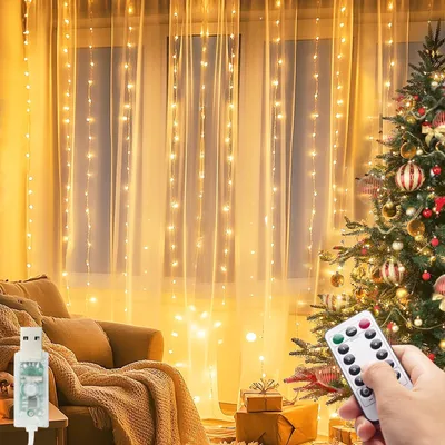 LED-Lichtvorhang 300 warmweiß 3x3 m USB wasserdicht
