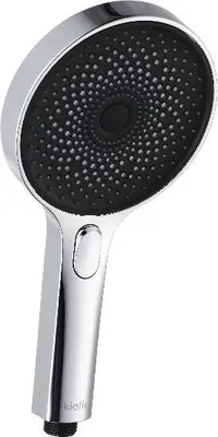 A close-up studio shot of a chrome and black shower head.