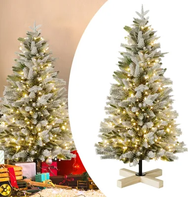 Image de UISEBRT Sapin de Noël artificiel floqué de 150 cm avec LED blanc chaud et support métallique robuste - Sapin de Noël et arbre de décoration pour Noël