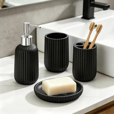 Image de Ensemble de salle de bain noir, 4 pièces : distributeur de savon en résine, porte-savon, support pour brosses à dents, gobelet à dents