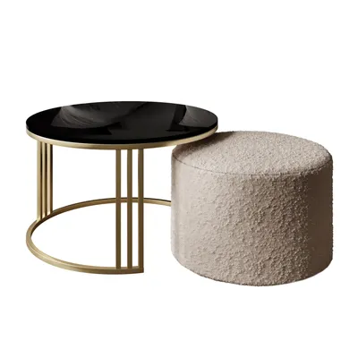 Produktbild von Couchtisch mit Hocker LORI Hochglanz Gold gebürstet/Schwarz glänzend, Coral 50
