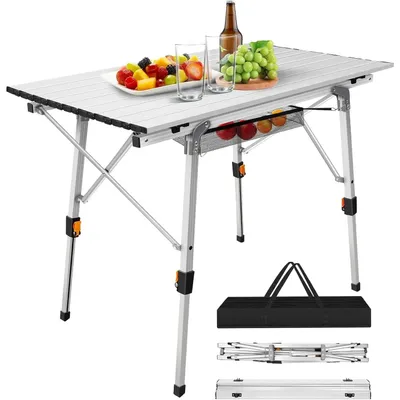 Image de Table de camping pliante - Idéale pour les pique-niques - Portable - Table pliante pour l'extérieur - Pliable - En aluminium - Avec étagère de rangement