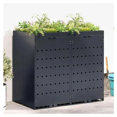 Produktbild von Mülltonnenbox für 2 Tonnen 240L und 120L aus Edelstahl mit Pflanzdach, Mülltonnenschrank aus Metall in Anthrazit