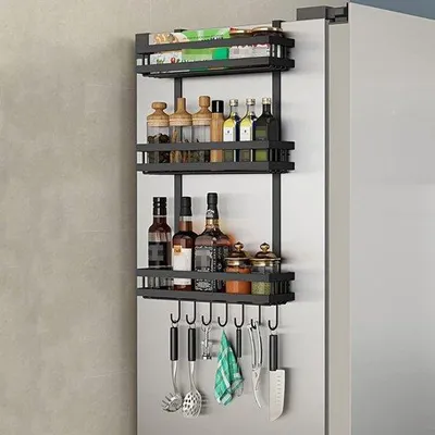 Immagine prodotto di Scaffale in metallo nero a 3 ripiani con 7 ganci per la cucina