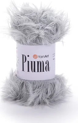 A ball of grey, fluffy yarn with a label.