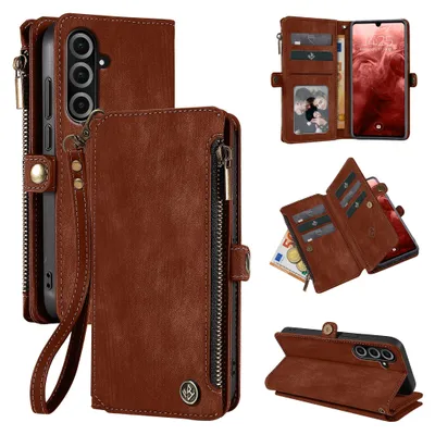 A collage of images showing a brown leather wallet-style phone case from different angles, including its interior card slots and a phone inserted.