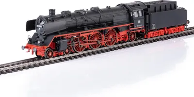 A model train locomotive on a track.