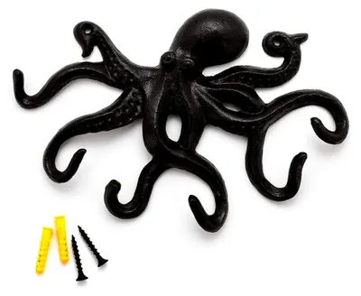 Produktbild von Wandhaken aus Gusseisen im Vintage-Stil, rustikale Garderobenhaken, schwarzer Kraken-Wandhaken mit 6 Tentakeln
