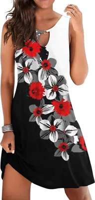 Image de ASKSA Femme Robe d'été Mi-longues Sans Manches Robes de Plage Mini-robe de Loisirs, Rouge Blanc, L