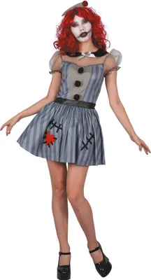 Produktbild von Horror-Puppe Damenkostüm für Halloween grau-schwarz-rot L