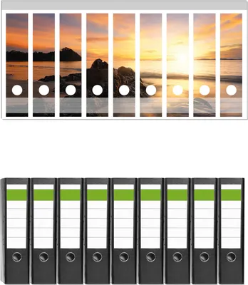 Produktbild von Wallario 9 Stück breite Ordner inkl. Klebeetiketten mit Motive Sonne über dem Meer mit Felsenlandschaft -  Set mit Rückenschildern / Ordnerrücken Stickern