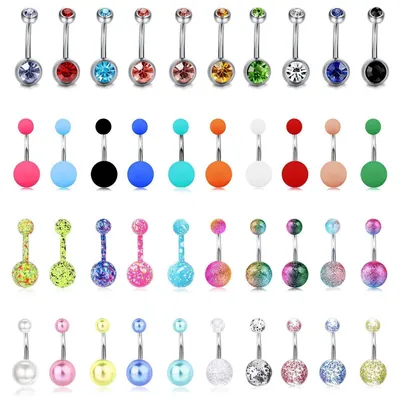 Image de Kit de piercing ombilical, 40 pièces, acier chirurgical 14G, anneau en forme de banane, pour femmes et hommes, multicolore, hypoallergénique