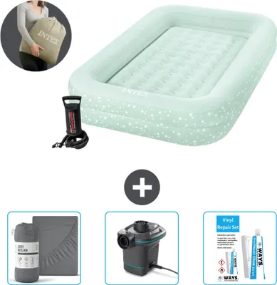 Produktbild von Intex Kidz Luftmatratze - 1 Person - 107 x 168 x 25 cm - Mintgrün - Inklusive Pumpe - Spannbettuch - Pumpe en Reperaturset
