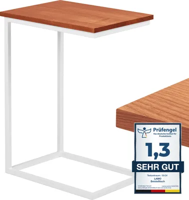 Produktbild von LAMO Manufaktur Beistelltisch | Laptoptisch | Sofatisch | mobiler Kaffeetisch | Nachttisch | 45x30x67 cm | Gestell Weiß | 100% Echtholz Massiv Platte farbe: Dunkel