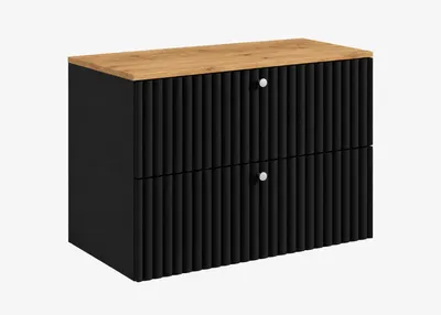 Produktbild von Badezimmer-Hängeschrank mit Platte 80, schwarz + Platte Eiche Craft, Griffe in drei Farben, 80 x 44,4 x 58,6 cm, KI-generiertes Bild