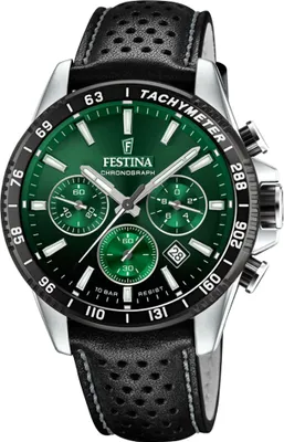 A close-up studio shot of a Festina chronograph watch with a green dial and black leather strap.