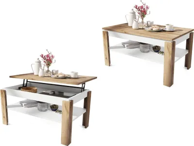 Produktbild von All4All Couchtisch Asti , P , Wohnzimmertisch , Kaffeetisch , Couchtisch mit Stauraum , Sofatisch mit Ablage , höhenverstellbar , 100x60cm , Wotan + Weiß