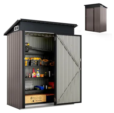 Produktbild von Metallgerätehaus mit Pultdach, Tür und 2 Lüftungsfenstern, 150 x 88 x 185 cm, 1,5 m³, Gartenhaus mit 2 Paar Handschuhen, wetterfest (Grau)