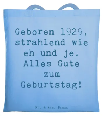 Produktbild von Mr. & Mrs. Panda Jutebeutel Spruch 1929 Geburtstag - Sky Blue - Geschenk, Happy Birthday, Geburtstagsgeschenk, Erinnerungen, Schultasche, Shopping Tasche, geboren, Alter