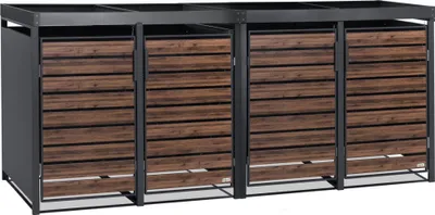 A four-unit trash bin enclosure with a dark brown wood-look front and a dark gray frame, set against a white background.
