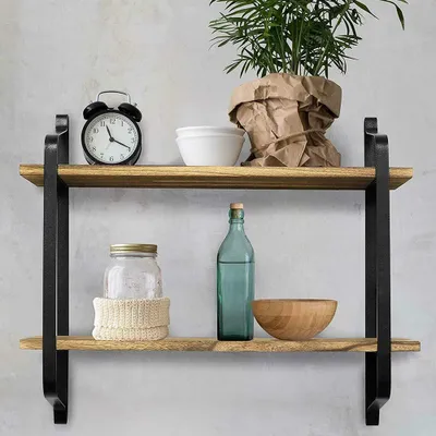 Produktbild von Livingandhome Wandmontiertes Regal mit 2 Ebenen – 60 x 15 cm, Holz & Eisen, warme & moderne Optik