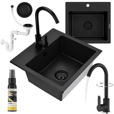 Produktbild von Granitan - Granitspüle - Spülbecken 44,5x41,5 cm - Küchenspüle Schwarz - mit Armatur und Siphon - TEOR