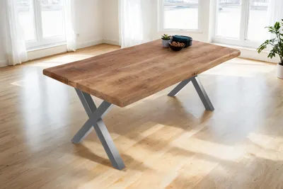 Produktbild von Esstisch Cali | 180 x 90 cm | Mangoholz | Farbe: Natur/rau | X-Gestell Metall Silber | Massivholz mit echter Baumkante | pflegeleichter Baumkantentisch/Esszimmertisch