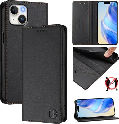 Obrázek produktu pro Kožené pouzdro pro iPhone 15, flipové pouzdro s přihrádkami na karty, peněženkou a stojánkem Černý