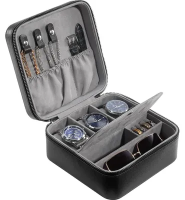 Image de Étui de voyage pour montres, 3 compartiments, noir, coque rigide avec doublure en suède