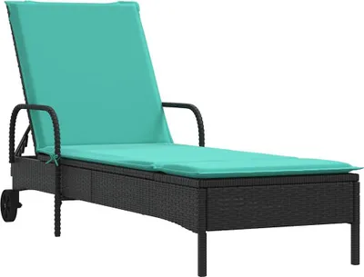 Image de vidaXL Bain de soleil avec roulettes et coussins noir Poly rotin