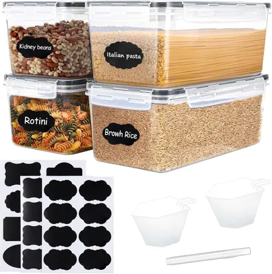 Produktbild von Sonstiges Gastronomiezubehör 4 Stück Pasta-Aufbewahrungsbehälter mit Deckel, 3 Etiketten, 2 Messbecher, 1 Markierungsstift, 3,2 l luftdichter Behälter