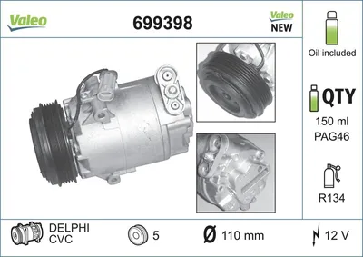 Produktbild von VALEO 699398 6CVC Klimaanlage Klimakompressor PAG 46 R134a für OPEL Corsa C Schrägheck (X01) Astra G CC (T98) Astra G Caravan (T98) Astra G Limousine