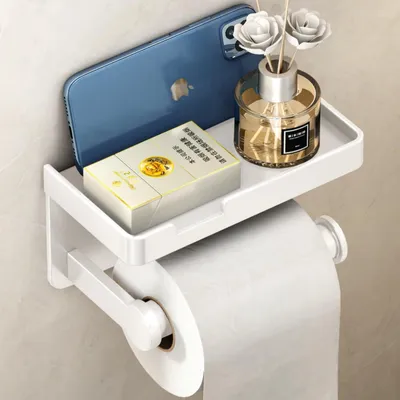 Image de Porte-papier hygiénique sans perçage, avec tablette, adhésif ou à visser, inoxydable et multifonctionnel (blanc)