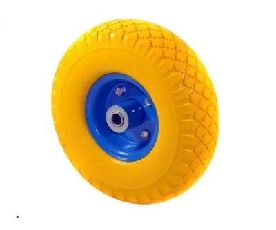 A yellow wheel with a blue hub is shown against a white background.