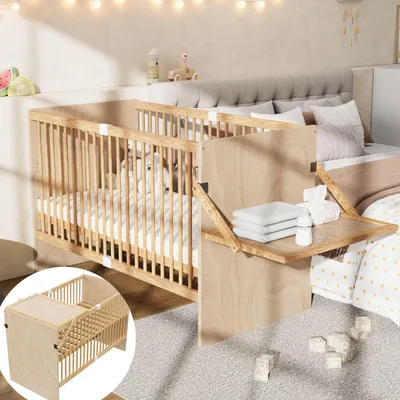 Image de Lit parapluie Merax, 70 x 140 cm, lit bébé avec table à langer et étagère, sommier à lattes réglable en 4 hauteurs, en bois massif, en pin, finition naturelle