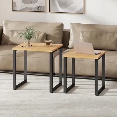 Image de Lot de 2 tables basses emboîtables, table d'appoint, aggloméré aspect bois et métal, couleur naturelle | 60 x 50 x 60 cm | 13,6 kg | patins réglables