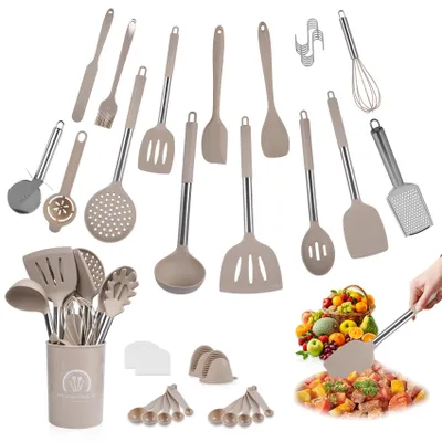 Produktbild von 45 Stück Küchenhelfer Set aus Silikon, Spülmaschinenfest, Kochutensilien Set mit Utensilienhalter, Antihaft Hitzebeständiger Küchenset (Hellbraun)
